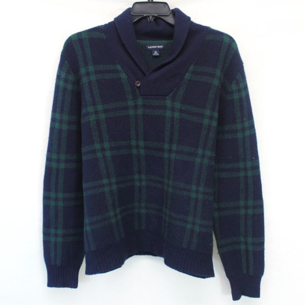 Land's End 100% Lambswool Chunky Knit Plaid Soft Warm Sweater Turtleneck XL